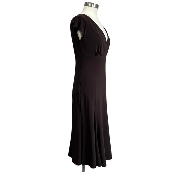 Y2K DressBarn Chocolate Brown Slinky Midi Dress 10 Stretch V Neck Elegant - Picture 2 of 8